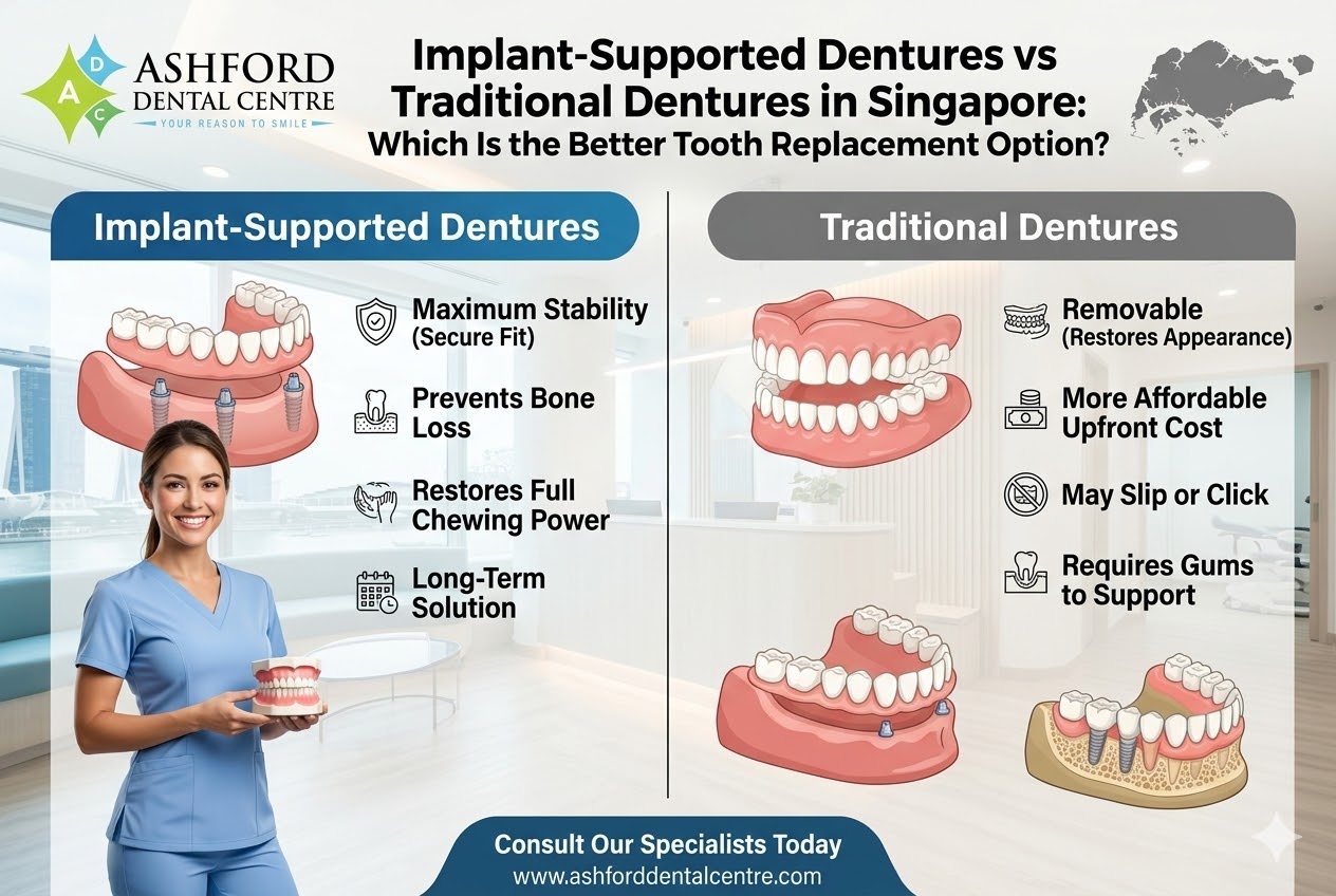 Implant-Supported Dentures vs Traditional Dentures in Singapore- Which Is the Better Tooth Replacement Option